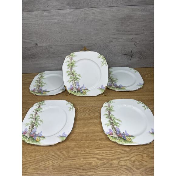 Royal Albert Salad Plate 7 3/4 Inch Greenwood Tree Square ~Set Of 5 - Picture 1 of 9